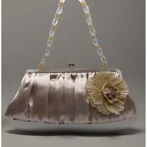 Vintage Champagne Satin Pleated Evening Clutch with Beaded Strap By Sasha NY